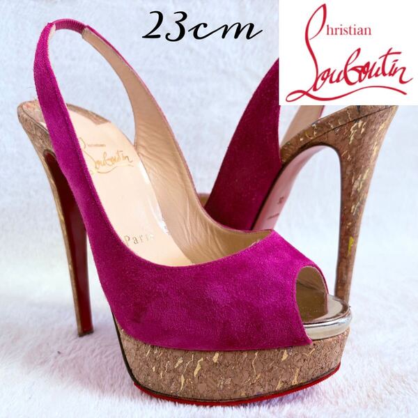 美品★希少 Christian Louboutin/クリスチャンルブタン ハイヒール 36/23cm コルク スェード ピンク オープントゥ 厚底 マルチカラー