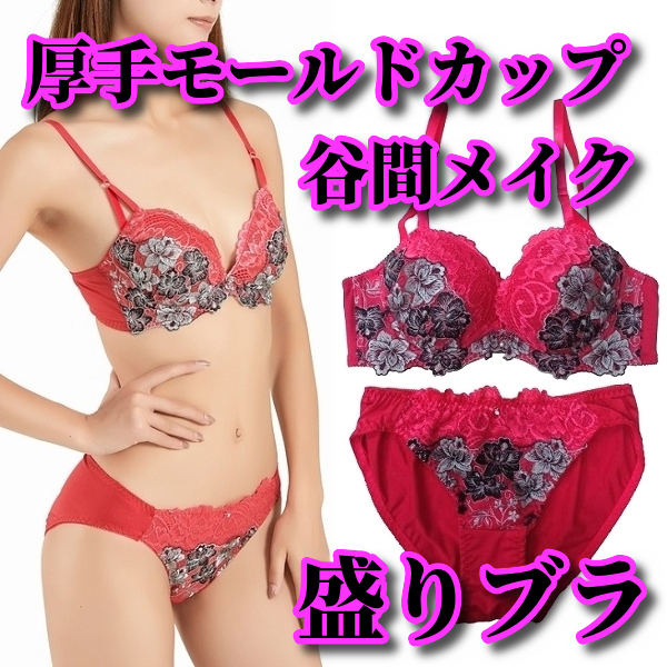 D70M☆厚手モールドカップ Wパッド 花柄刺繍 盛りブラ 谷間メイク ブラ&ショーツ レッド系 F702