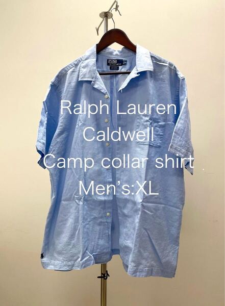 90s Ralph LaurenラルフローレンCaldwellコールドウェル 半袖 シャツ 開襟 オープンカラー コットンXLブルー メッシュ ビッグシャツL