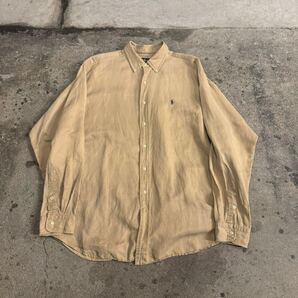 90s Polo Ralph Lauren BLAKE シルク リネン 長袖シャツ ラルフローレン SILK LINEN XL ヴィンテージ ベージュ ラウンドカット
