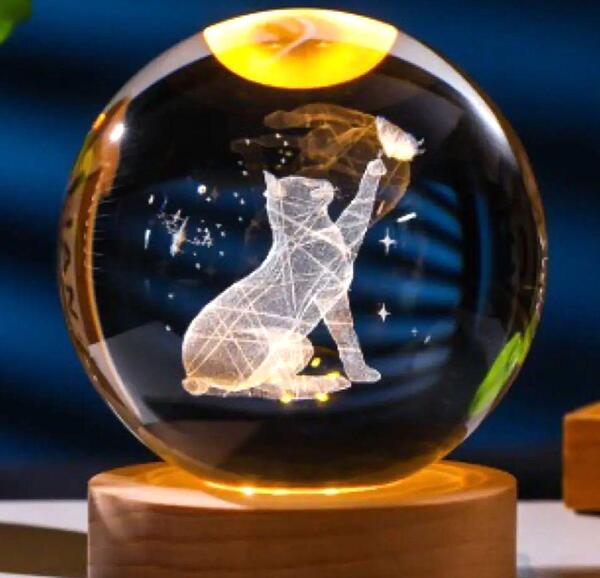 ガラスボール ねこ3D 猫 LEDライト 間接照明 ランプ クリスタルボール猫