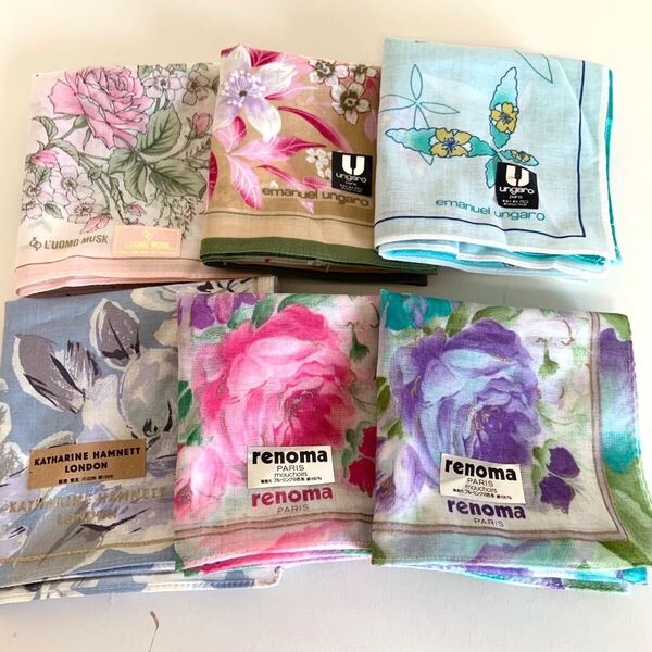 未使用 ungaro ウンガロ レノマ renoma KATHARINE HAMNETT LONDON L'UOMO MUSK 大判 ハンカチ 6枚 総柄 花柄 綿100% ハンカチ まとめ売り