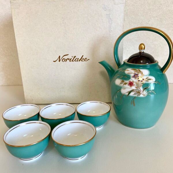 未使用 Noritake ノリタケ 酒器揃 急須 お猪ロ 5客セット グリーン 翡翠色 花絵 金彩 陶器 和食器 酒器 はなりんす 乃りたけ 保管品