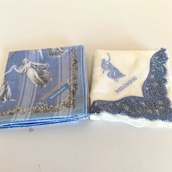 未使用 WEDGWOOD ウェッジウッド 大判ハンカチ 2枚セット ブルー系 レース 刺繍 綿100% レディース ハンカチ ブルーミング中西