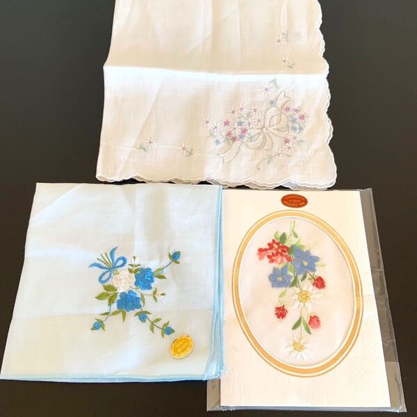 未使用 WAKO 和光 ハンカチ スイス SWITZERLAND製 ハンカチ MEIKA ハンカチ 3点セット 綿100% 花柄 刺繍 レディース ハンカチ まとめ売り