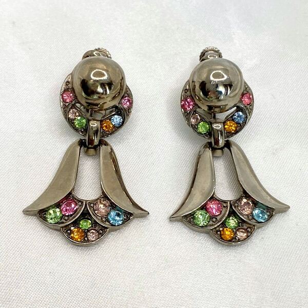 ヴィンテージ イヤリング シルバー マルチカラー ラインストーン 約20.1g ヴィンテージ vintage アクセサリー PAT刻印 大ぶり 装飾品