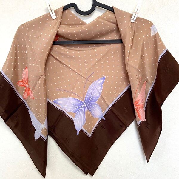 ハナエモリ HANAE MORI シルク100% 大判スカーフ 約77×78cm 蝶柄 ブラウン系 SILK 絹100% スカーフ 川辺(株)