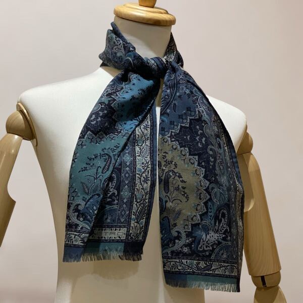 ETRO イタリア製 ウール×シルク ストール ペイズリー柄 ブルー エトロ