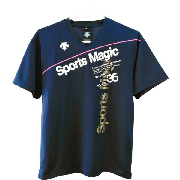 送料込!匿名配送《DESCENTE/デサント》メンズ 半袖Tシャツ Vネック フロントプリント メッシュ薄地 ストレッチ 吸水速乾 Mサイズ 紺