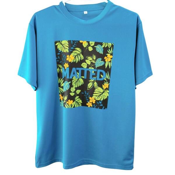 送料込!値下/美品/匿名《MATTED》メンズ 半袖Tシャツ クルーネック 胸トロピカルプリント メッシュ薄地 ストレッチ 吸水速乾 Lサイズ
