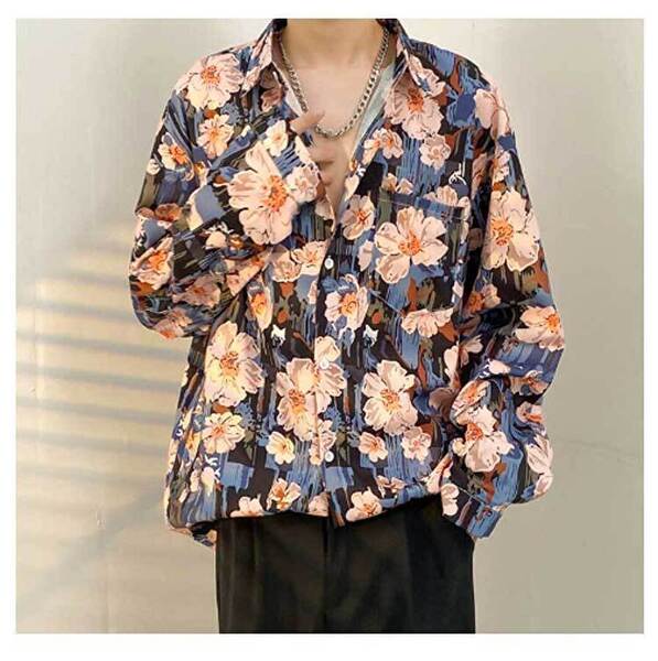 送料込!値下/未使用/匿名配送/メンズ 長袖シャツ 柄シャツ 花柄 カジュアルシャツ アロハシャツ レギュラーカラー 化繊サラサラ Lサイズ位