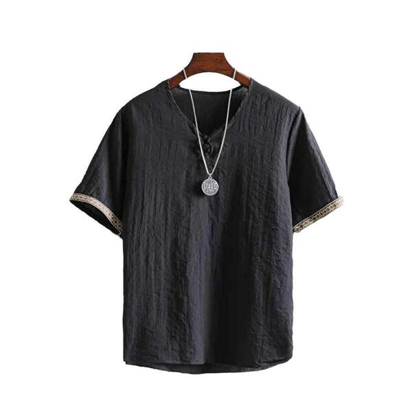 送料込!値下/未使用/匿名配送/メンズ 半袖カットソー Tシャツ ヘンリーネック ボタン留め 綿麻風 無地やわらか生地 シンプル Lサイズ位 黒