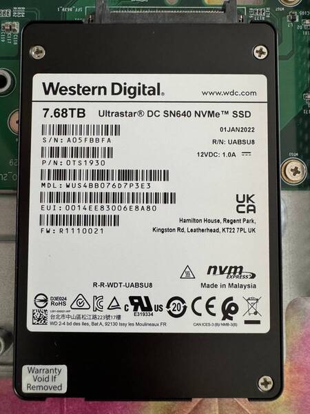 【新品同様】高耐久DC用 U.2 WD SN640 NVMe SSD 7.68TB 未使用