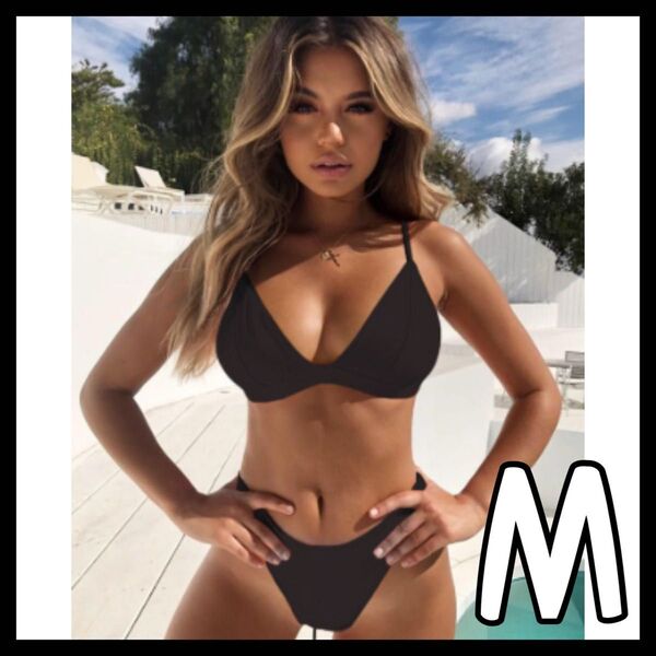 【ブラック/M】ビキニ セクシー 三角 トライアングル ブラジリアン 水着 レディース ハイレグ 無地 スポーティー ヘルシー