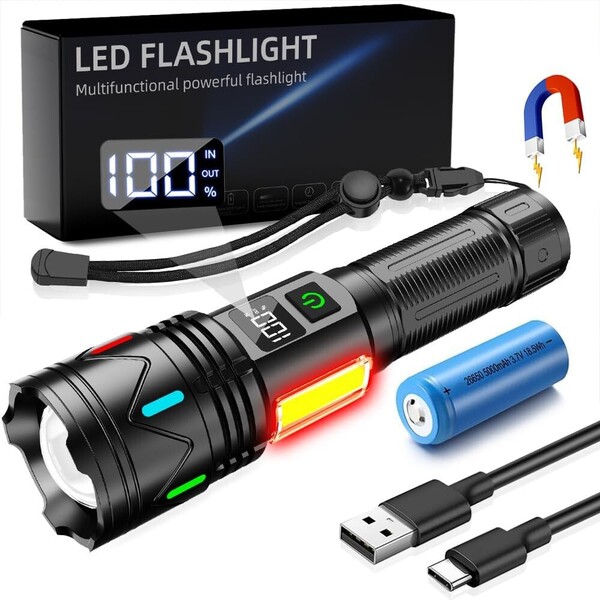 LED 懐中電灯【超高輝度・超遠距離照射】充電式 軍用 最強 ハンディライト マグネット付き ディジタル電気量 4000000ルーメン 明るい
