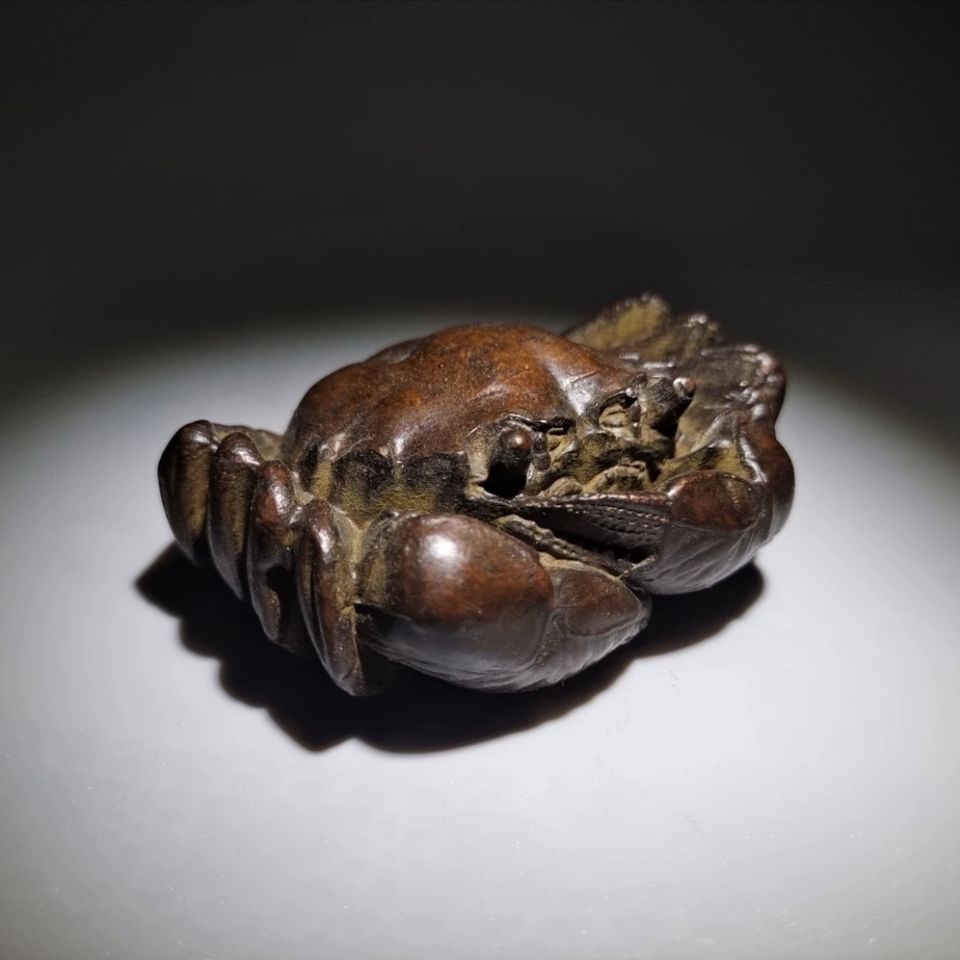 ミニチュア 添配 盆景 蝋型鋳物 銅製 蟹（カニ）赤 小 オブジェ