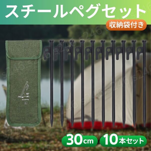 スチールペグ テント タープ キャンプ アウトドア ソロキャンプ 高強度 鍛造 ロープ 収納袋付き ブラック 30cm 10本セット