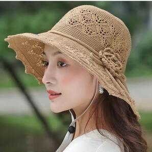 新品 XS サマーニット 編み レース お花 ハット 帽子 レディース 麦わら帽子 ブラウン つば長 日焼け防止 折りたたみ
