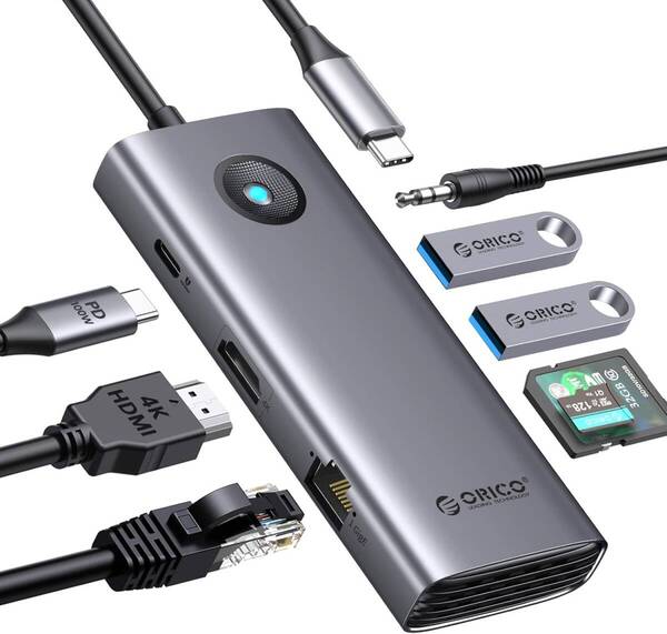OY75 ORICO USB C ハブ 8-in-1 2*USB3.0ポート 4K@60Hz HDMIポート 100W PD充電 1Gbpsイーサネット TF/SDカードリーダー オーディオポート