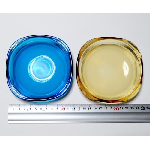 【送料無料】昭和レトロ ガラス プレート 2枚 セット 青色 黄色 お皿 食器 小皿【即決】