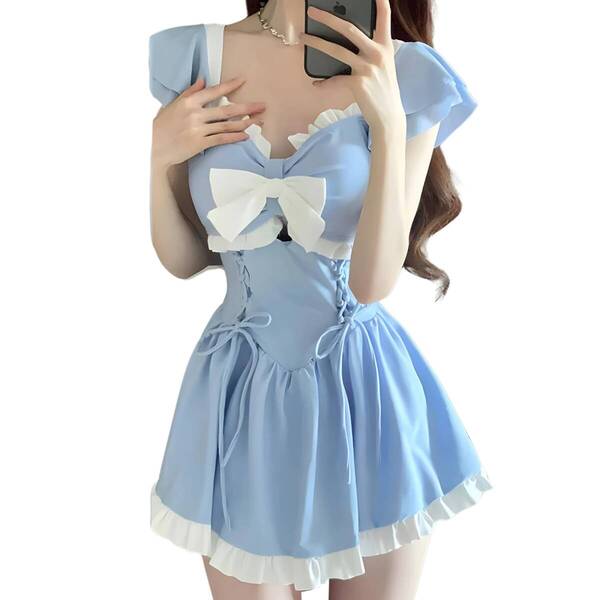☆SALE中【送料無料&新品】 Aglem コスプレ衣装 半袖 ワンピース ボディスーツ 水着 ミニ スカート レオタード 地雷系 リボン ブルー L