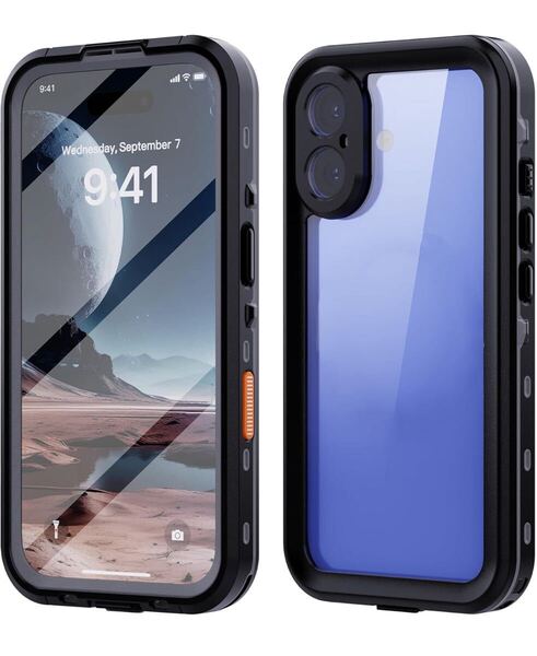 iPhone 16 用 防水ケース 完全防水 全面保護 耐衝撃 360度両面クリアケース 軽量 米軍 カメラ保護 ストラップフェイスID 認証対応 ブラック