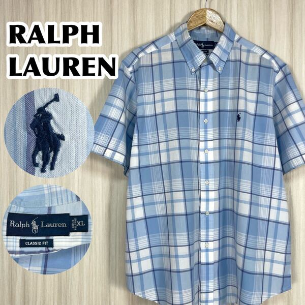 ☆希少☆RALPH LAUREN ラルフローレン ボタンダウン 半袖シャツ BDシャツ XL マドラスチェック ライトブルー 刺繍ポニー アメカジ 90s 古着