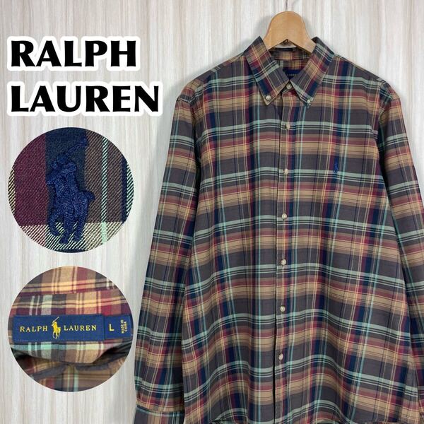 ☆希少☆現行タグ☆RALPH LAUREN ラルフローレン ボタンダウン 長袖シャツ BDシャツ サイズL マドラスチェック ブラウン 刺繍ポニー 古着