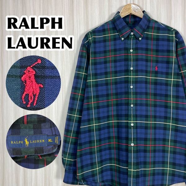 ☆希少☆現行タグ☆RALPH LAUREN ラルフローレン ボタンダウン 長袖シャツ BDシャツ サイズXL マドラスチェック グリーン 刺繍ポニー 古着