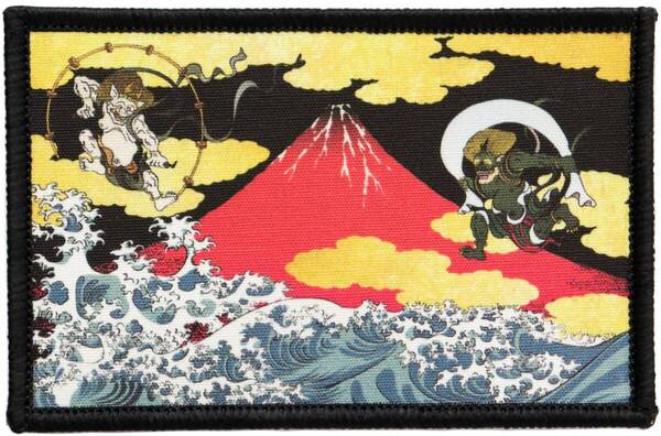 ワッペン 風神雷神 赤富士 波 マジックテープ(ベルクロ・面ファスナー)着脱式 ミリタリー サバゲー 浮世絵・日本画プリント 印刷パッチ