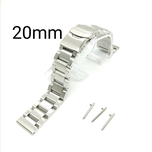 送料無料 腕時計 交換ベルト シルバー 3連 直カン 20mm 無垢 ステンレス バックル プッシュ式 取手バネ棒付 B37