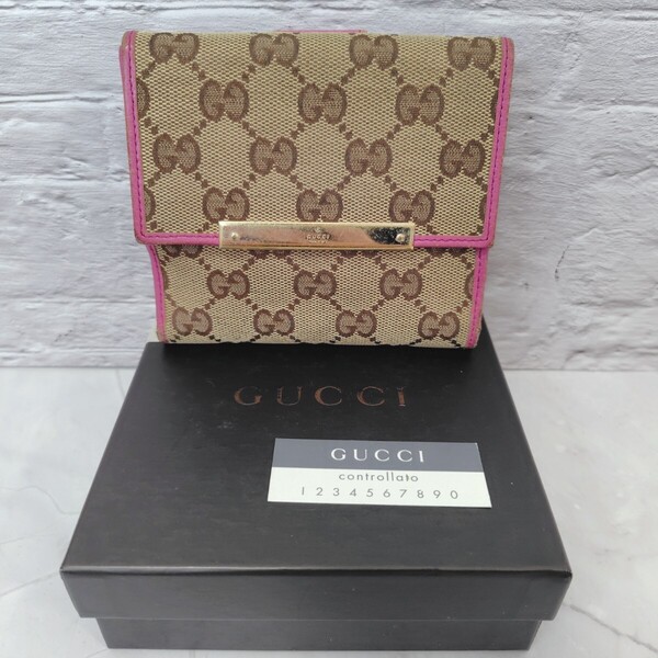 GUCCI 二つ折り財布 ピンク キャンバス ウォレット 箱付き グッチ 送料無料
