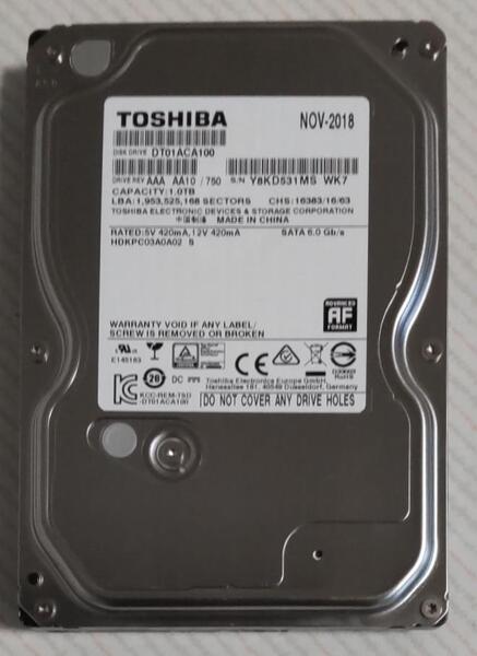 DIGA 1TB増量修理交換用HDD DMR-BRT,BWT,BZT各品番用(未使用、0時間、正常、東芝製)