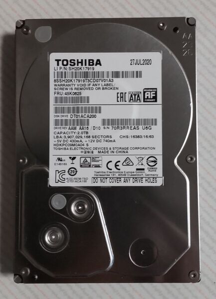 東芝 2TB-HDD DT01ACA200 (PC用、正常、フォーマット済、2020年製)