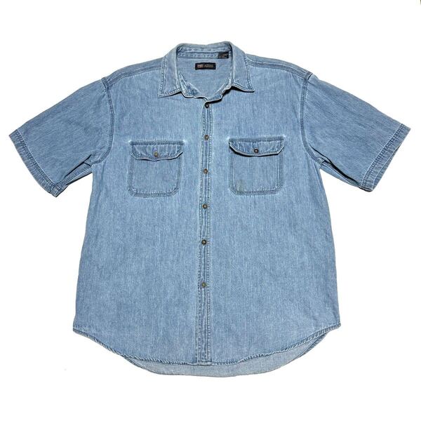 90s Lサイズ メンズ faded glory デニムシャツ アメリカ古着 半袖シャツ サーファー スケーター パンクロック