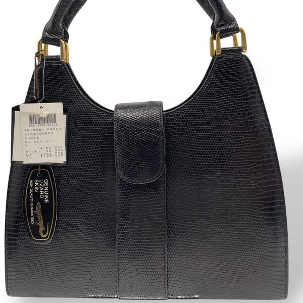 極美品 リザードレザー 本革 ハンドバッグ ゴールド金具 黒 定価168,000