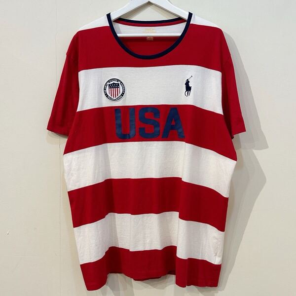 XXL! POLO Ralph Lauren Border T-Shirt USA Logo S/S Tee ポロ ラルフローレン 太 ボーダー ロゴ 半袖 Tシャツ ワッペン 星条旗