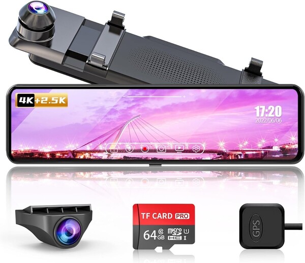 【新品】ドライブレコーダー ミラー型 4K+2.5K 64GB高速メモリカード付属 11インチ 伸縮式カメラ Type-C電源 右カメラ GPS搭載 170°広角