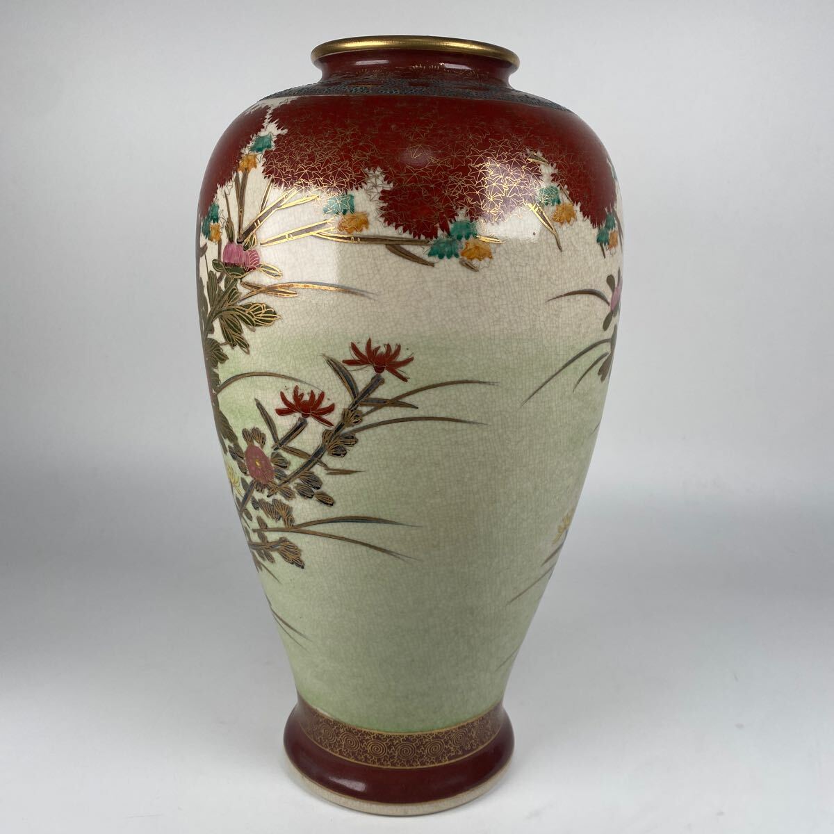 旧家整理品 薩摩焼 清山銘 金彩色絵花鳥文花瓶 飾壺 壷 細密