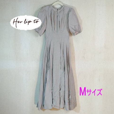 シワあり! Fountain Lace Up Bow Dress ワンピ-ス ベ-ジュ パフスリ-ブ ギャザ- Her lip to 半袖