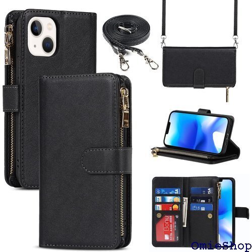 for iPhone 14 縄掛けケース 手帳型 携帯 落下防止 耐衝撃 耐摩擦 全面保護 肩縄付き-ブラック 890