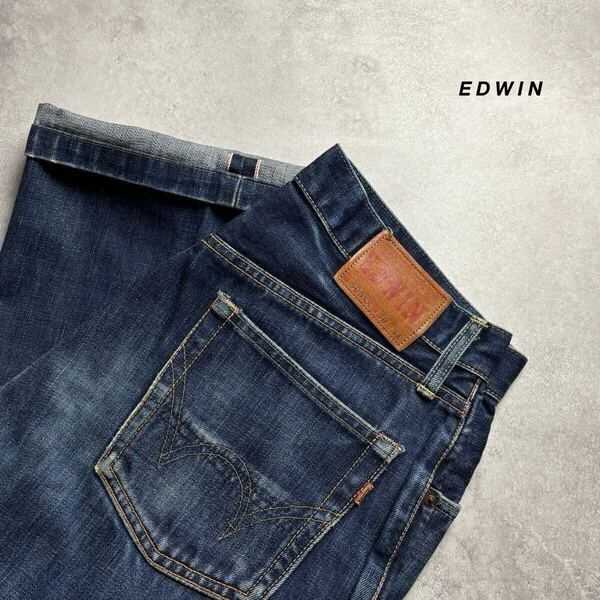 90s 00s 日本製 EDWIN エドウィン 5053 505XX 耳付き 赤耳 セルビッチ デニムパンツ ジーンズ W30 インディゴブルー 革パッチヴィンテージ