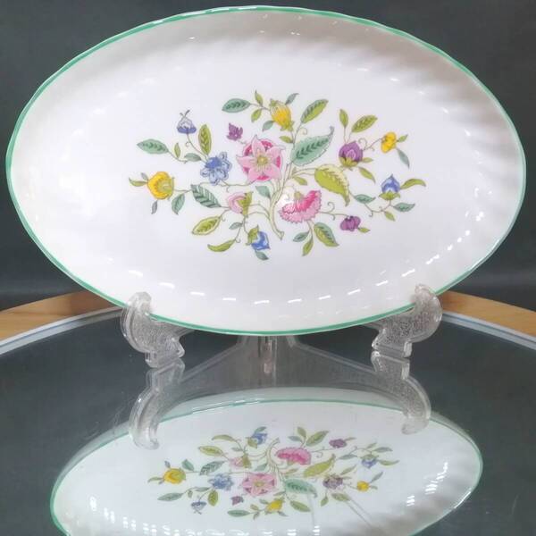 21X14CM 新品未使用◇自宅保管 ミントン ハドンホール グリーン オーバルプレート 花柄 MINTON ※追加出品予定あり