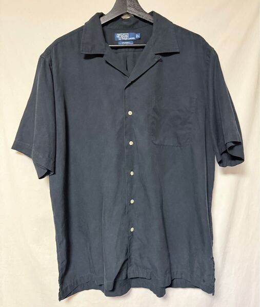 90s ビンテージ ラルフローレン RALPH LAUREN オープンカラー 開襟シャツ 半袖 caldwell コットン シルク Lサイズ ブラック 黒 ポニーなし