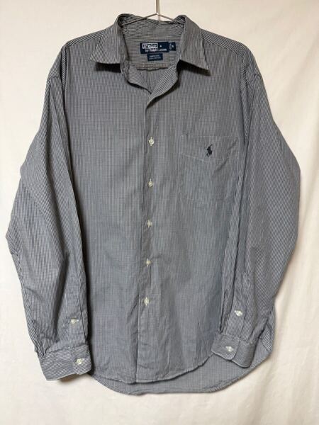 90s ラルフローレン RALPH LAUREN 開襟シャツ MARLOWE Mサイズ 長袖シャツ 黒白 ギンガムチェック ビッグポロ