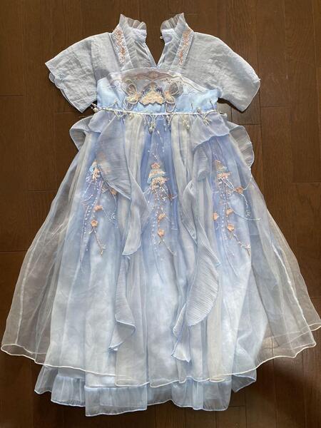 X5150キッズワンピース 漢服 女の子ワンピース140 女の子ドレス 水色