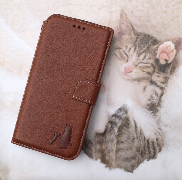iPhone 12mini ブラウン 親子猫焼印!高級レザー手帳ケース