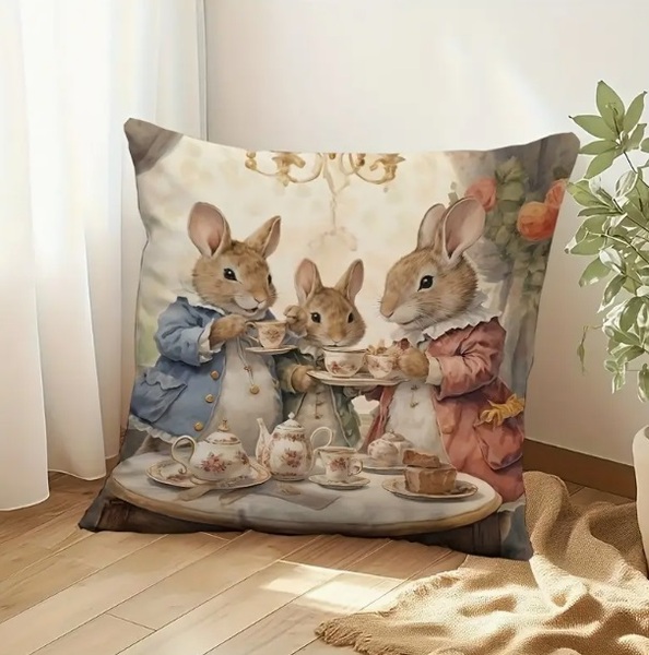 ■新品■クッションカバー■【45㎝×45㎝ 】【うさぎ ティータイム】 正方形 リアル かわいい しっかり素材