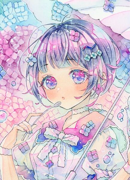 手描きイラスト オリジナル 紫陽花クリームソーダ ミニ色紙付き