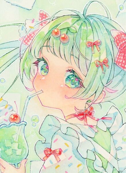 手描きイラスト オリジナル メロンクリームソーダ ミニ色紙付き